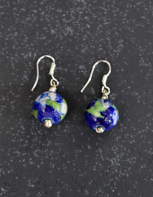 Single Blue Pottery Bead Earrings (Blue & Green)